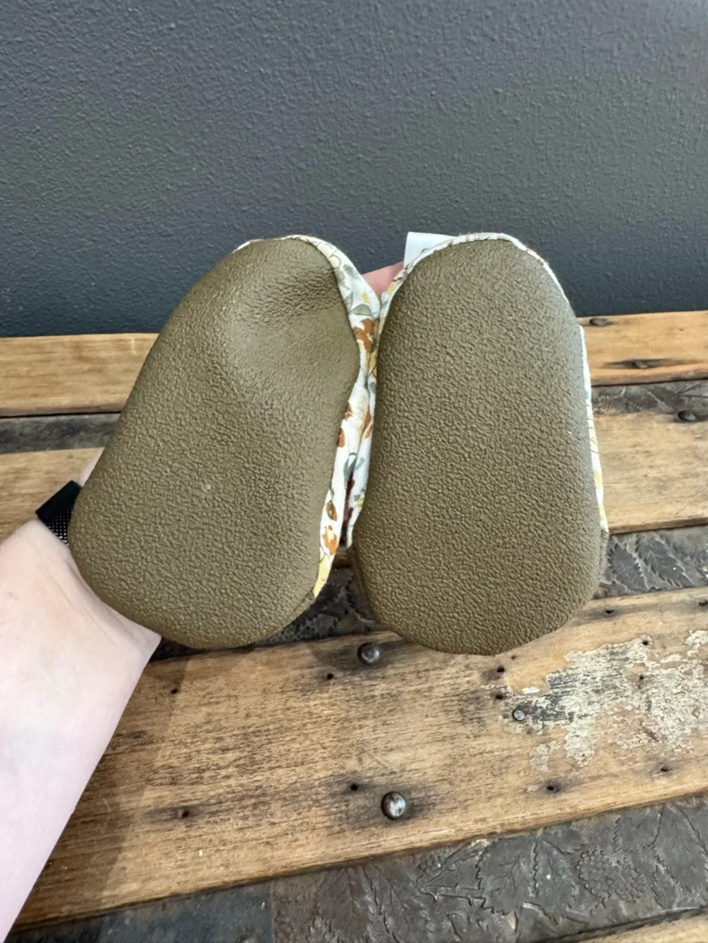 Soft Floral Baby Moccasins in Olive and Mustard - Cozy Walker Shoes